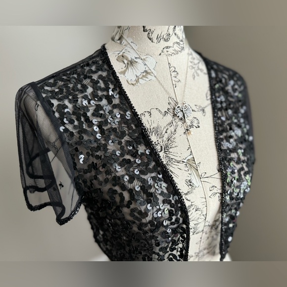 Vintage Y2K XL Micro Mesh Sequined Short Sleeve Bolero Shrug - Picture 2 of 6